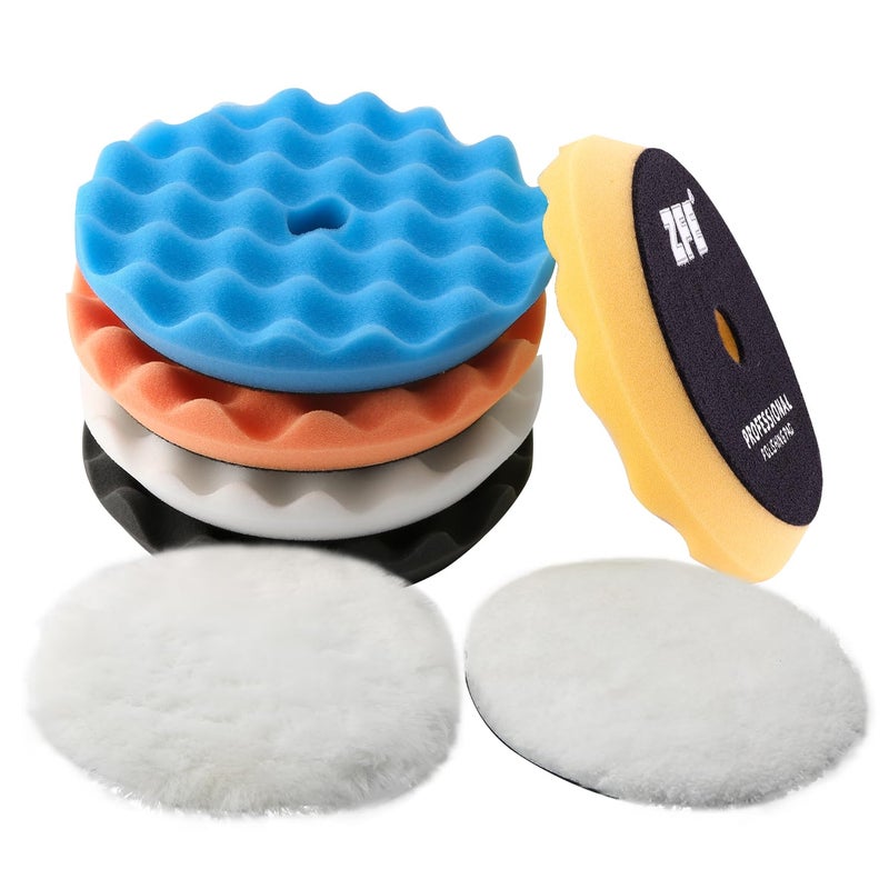 ZFE Buffing Polishing Pads  ZFE 7Pcs 6 ""(150mm) Waffle Foam Buffing Pads Polishing Pads Wool Pad Kit for 6Inch Backing Plate RO/DA/GA Car Polisher Boat Compounding  Polishing and Waxing - Image 1